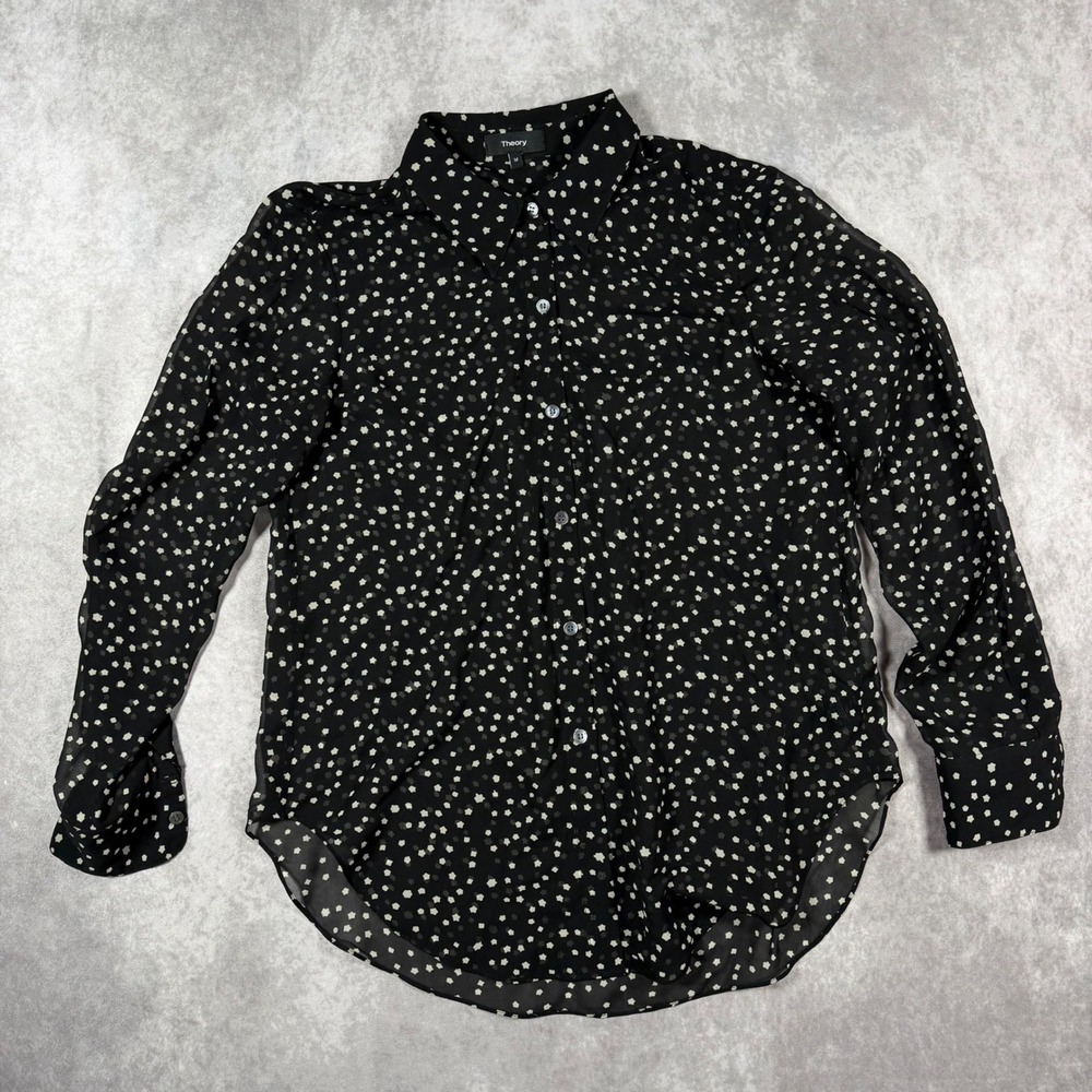 Theory Sunaya Starry Print Black Sheer Silk Button Down Blouse Shirt Size M Chic